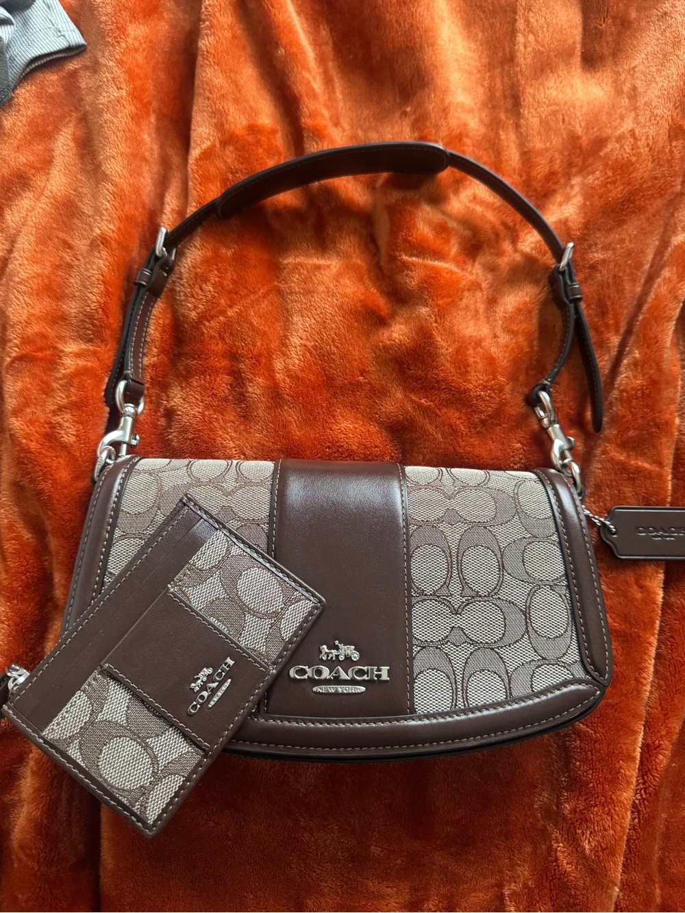 Coach Brown Signature Jacquard Shoulder Bag with Card Case
